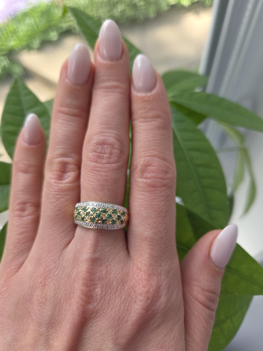 Emerald And Diamond Band Ring in 14K